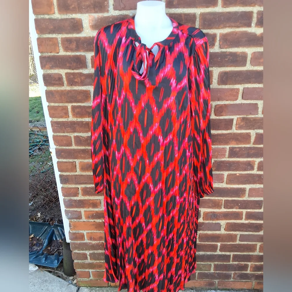 Scoop Plus Size 16/18 Red Black Ikat Midi Dress Belted Boho Long Sleeve - Picture 4 of 11